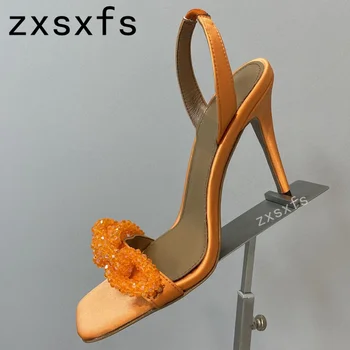 2023 Летние Новые Высококачественные атласные Босоножки на тонком высоком каблуке Для женщин, туфли-лодочки без застежки с открытым носком, Брендовая Дизайнерская Пикантная Обувь для вечеринок