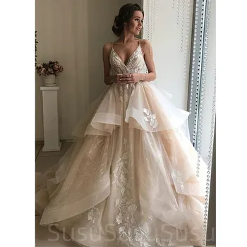 2023 Свадебные платья цвета Шампанского, сексуальные свадебные платья с открытой спиной и цветочными оборками, Пышные Кружевные Пляжные свадебные платья Vestido De Noiva