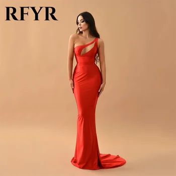 RFYR Сексуальное платье русалки с вырезом на одно плечо для выпускного вечера 2024, сексуальные шелковые красные вечерние платья без рукавов со стреловидным шлейфом, с развернутым шлейфом.