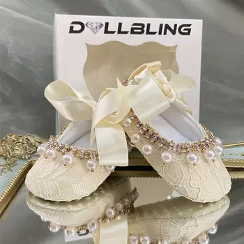 Кружевная обувь для крещения для девочек цвета слоновой кости, фотография, детские блестящие жемчужные туфли для крещения, Мягкая удобная детская обувь