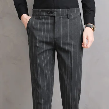 Летний костюм в тонкую полоску, мужские брюки, Приталенное серое Черное платье, деловые Официальные брюки для мужчин 2024, одежда в корейском стиле