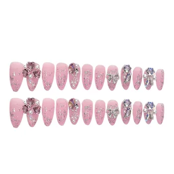 Розовые накладные ногти в оправе из страз и жемчуга, защищающие от сколов, пятен, накладные ногти для женского маникюрного салона