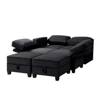 Секционный диван с квадратными подлокотниками 116 дюймов, Черный бархат